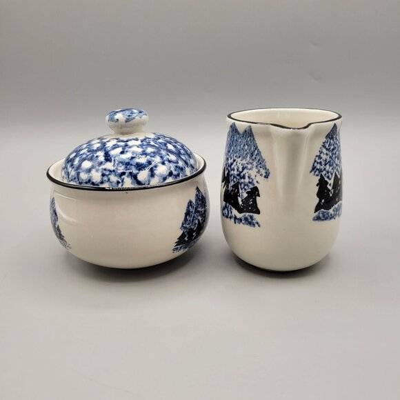 Wolf Covered Sugar and Creamer Set Blue Spongewear Folk Craft Tien Shan - Picture 4 of 7